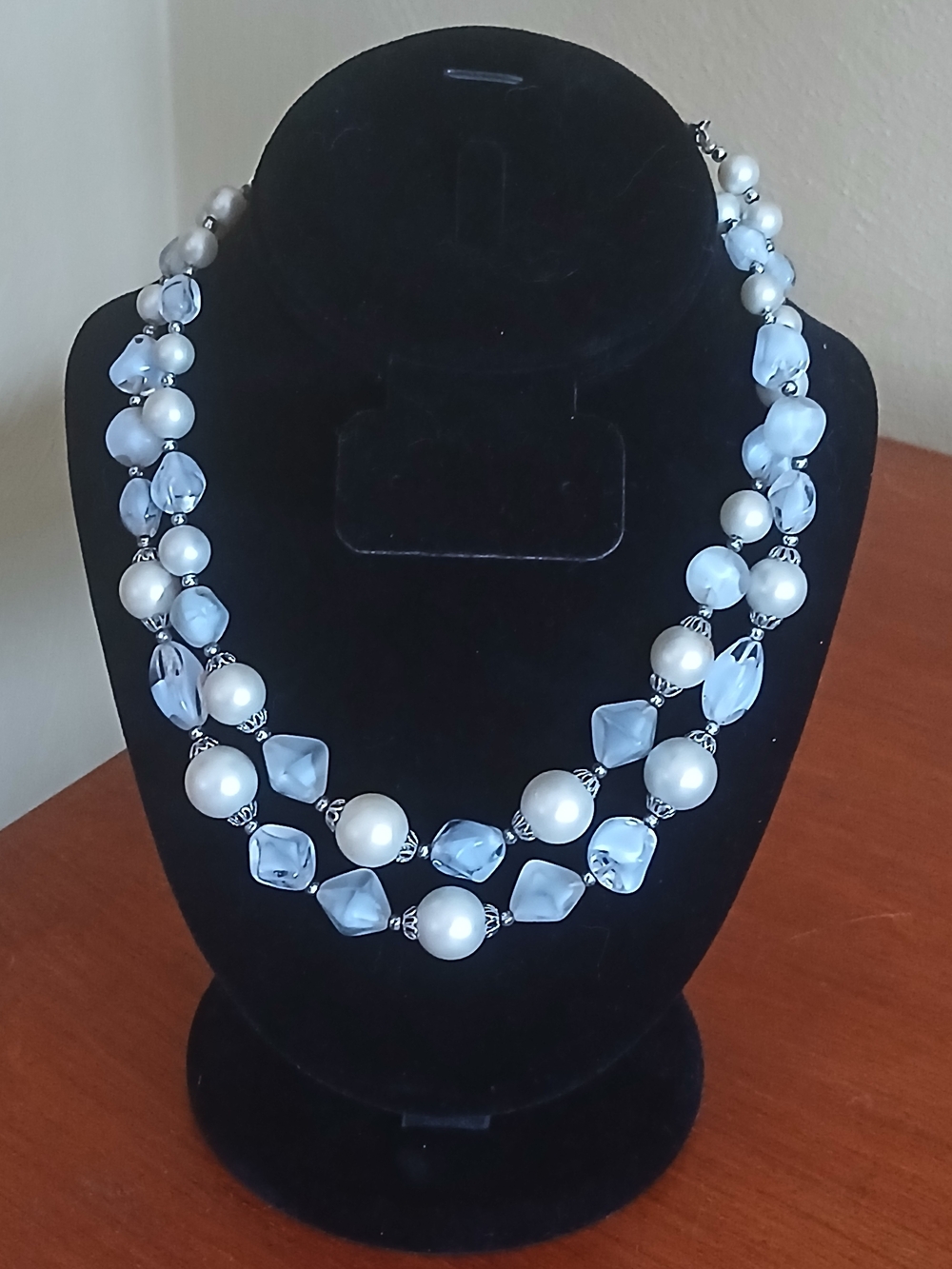 Vintage TRIFARI 2 Strand Necklace With Pale Blue Beads And Faux Pearls 17"